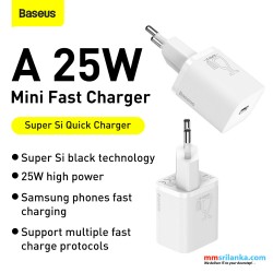 Baseus 25W Super Si Quick Charger 1C EU Sets White（With Mini White Cable Type-C to Type-C 3A 1m)